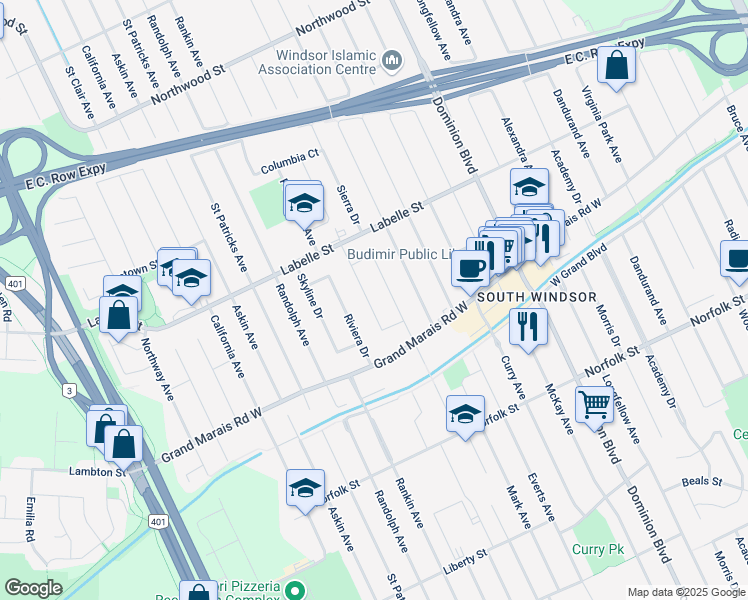 map of restaurants, bars, coffee shops, grocery stores, and more near 2912 Orion Crescent in Windsor