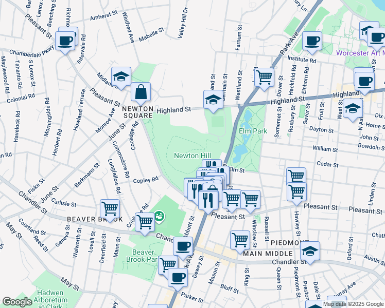 map of restaurants, bars, coffee shops, grocery stores, and more near 339 Highland Street in Worcester