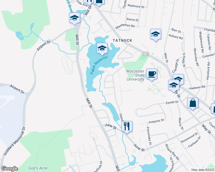 map of restaurants, bars, coffee shops, grocery stores, and more near 3 Patch Reservoir Drive in Worcester