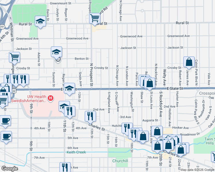 map of restaurants, bars, coffee shops, grocery stores, and more near 1822 East State Street in Rockford