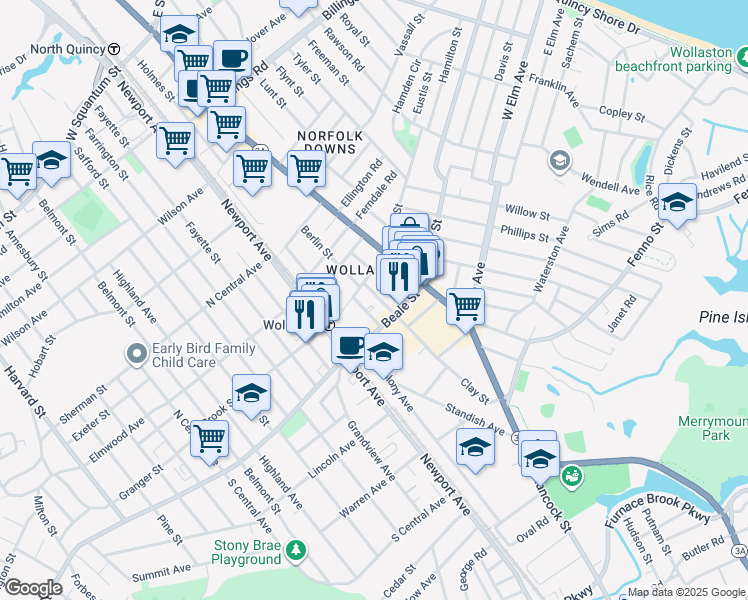 map of restaurants, bars, coffee shops, grocery stores, and more near 63-95A Beale Street in Quincy