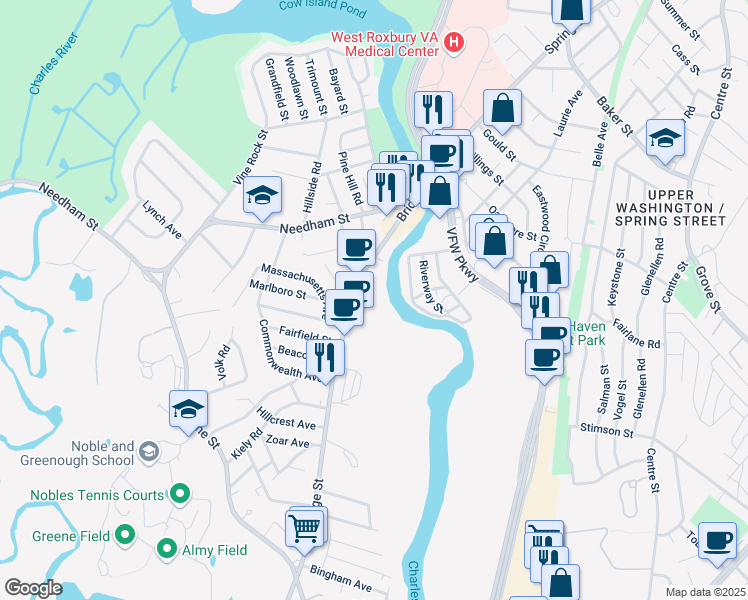 map of restaurants, bars, coffee shops, grocery stores, and more near 122 Bridge Street in Dedham