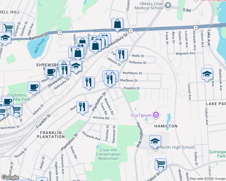 map of restaurants, bars, coffee shops, grocery stores, and more near 3 Cameron Street in Worcester