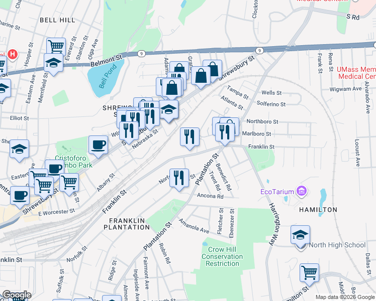 map of restaurants, bars, coffee shops, grocery stores, and more near 631 Franklin Street in Worcester
