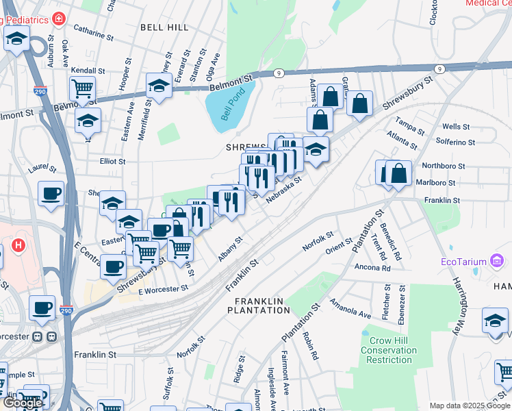 map of restaurants, bars, coffee shops, grocery stores, and more near 9 Muskeego Street in Worcester