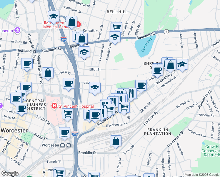 map of restaurants, bars, coffee shops, grocery stores, and more near 75 Gage Street in Worcester
