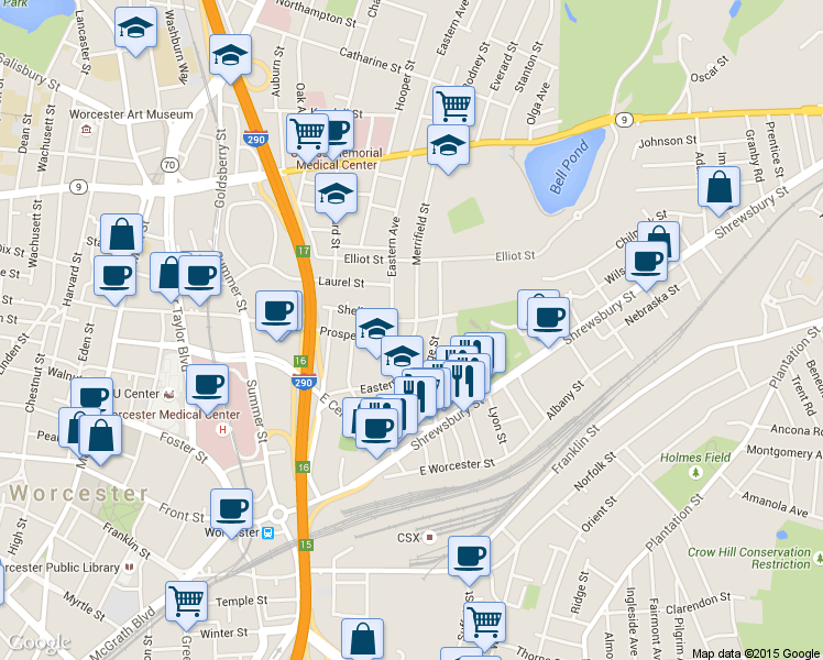 map of restaurants, bars, coffee shops, grocery stores, and more near Prospect Street in Worcester