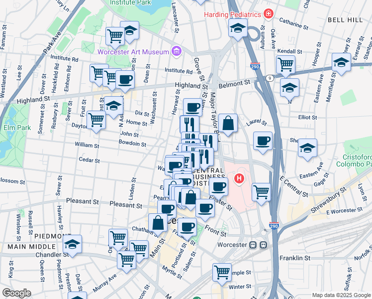 map of restaurants, bars, coffee shops, grocery stores, and more near 30 Martin Luther King Junior Boulevard in Worcester