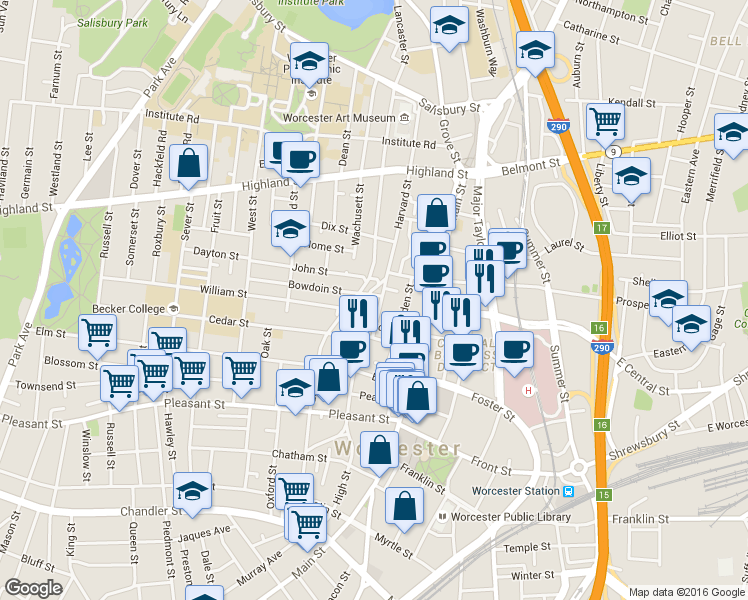 map of restaurants, bars, coffee shops, grocery stores, and more near 30 Chestnut Street in Worcester
