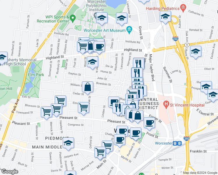 map of restaurants, bars, coffee shops, grocery stores, and more near 9 William Street in Worcester