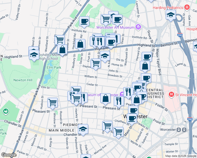 map of restaurants, bars, coffee shops, grocery stores, and more near 42 William Street in Worcester
