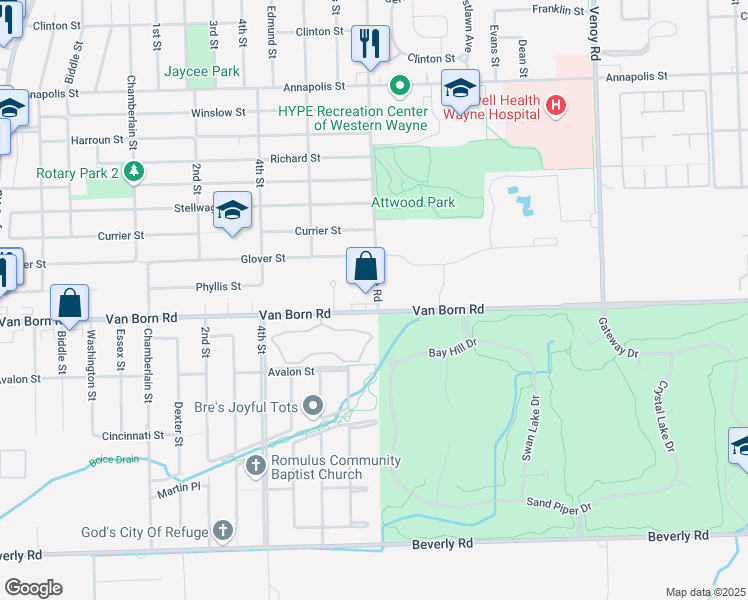 map of restaurants, bars, coffee shops, grocery stores, and more near 33970 Van Born Road in Wayne