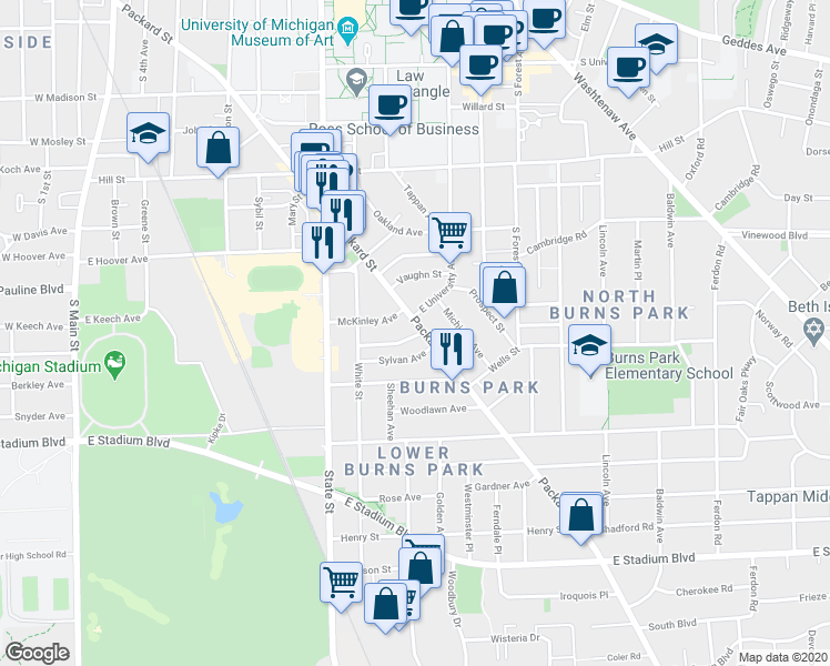 map of restaurants, bars, coffee shops, grocery stores, and more near 840 Brookwood Place in Ann Arbor