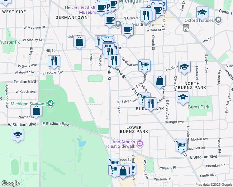 map of restaurants, bars, coffee shops, grocery stores, and more near 1211 White Street in Ann Arbor