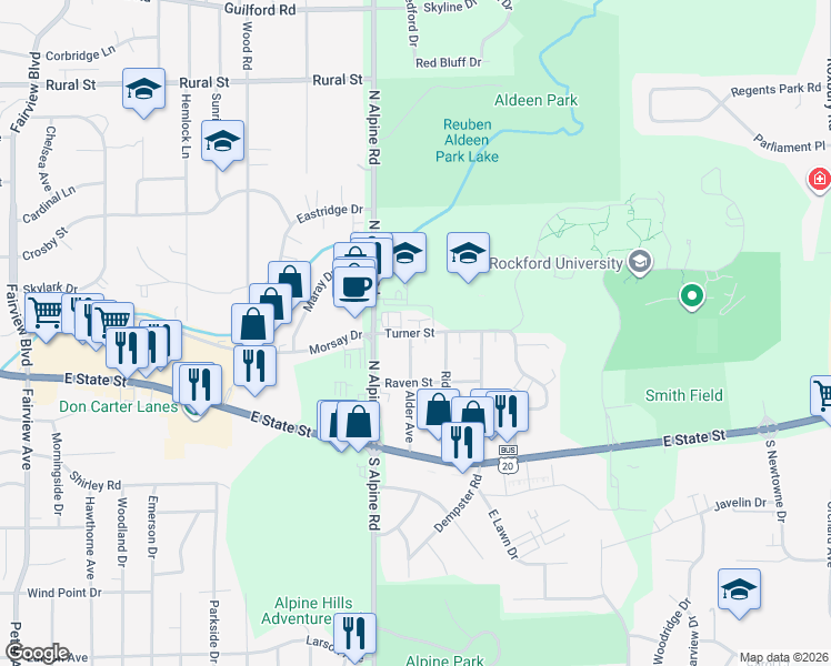 map of restaurants, bars, coffee shops, grocery stores, and more near 232 Alder Avenue in Rockford