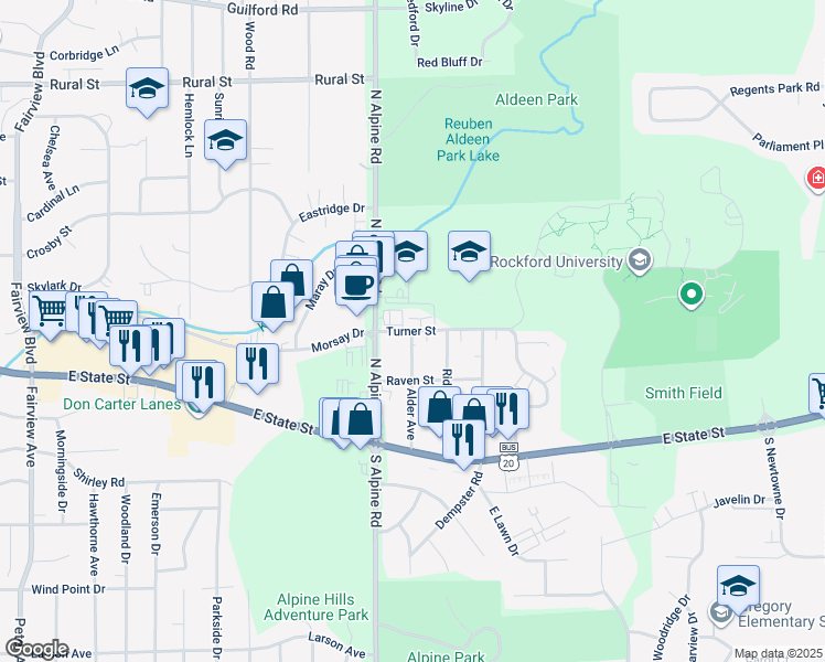 map of restaurants, bars, coffee shops, grocery stores, and more near 232 Alder Avenue in Rockford