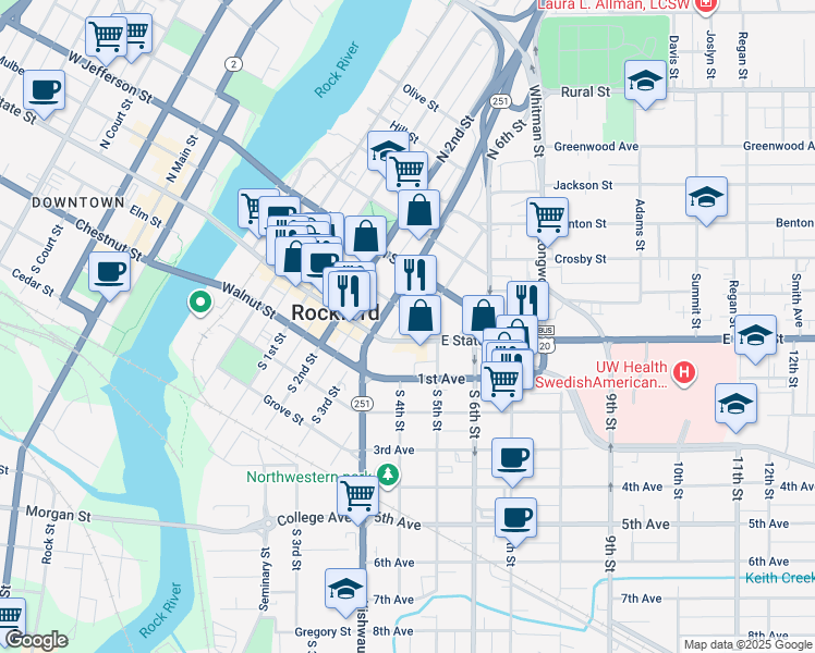 map of restaurants, bars, coffee shops, grocery stores, and more near 630 East State Street in Rockford