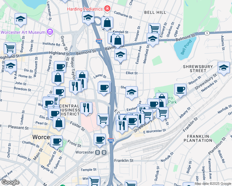 map of restaurants, bars, coffee shops, grocery stores, and more near Prospect Street in Worcester