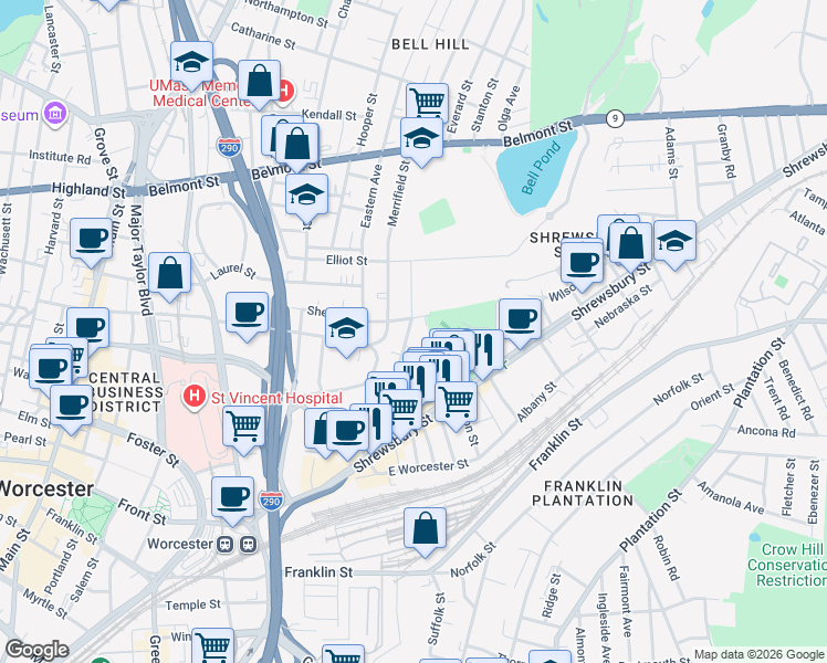 map of restaurants, bars, coffee shops, grocery stores, and more near 78 Gage Street in Worcester