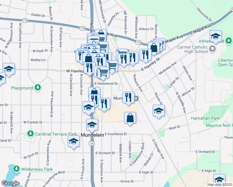 map of restaurants, bars, coffee shops, grocery stores, and more near 250 Plaza Circle in Mundelein