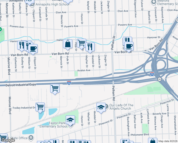 map of restaurants, bars, coffee shops, grocery stores, and more near 6036 Mayfair Street in Taylor