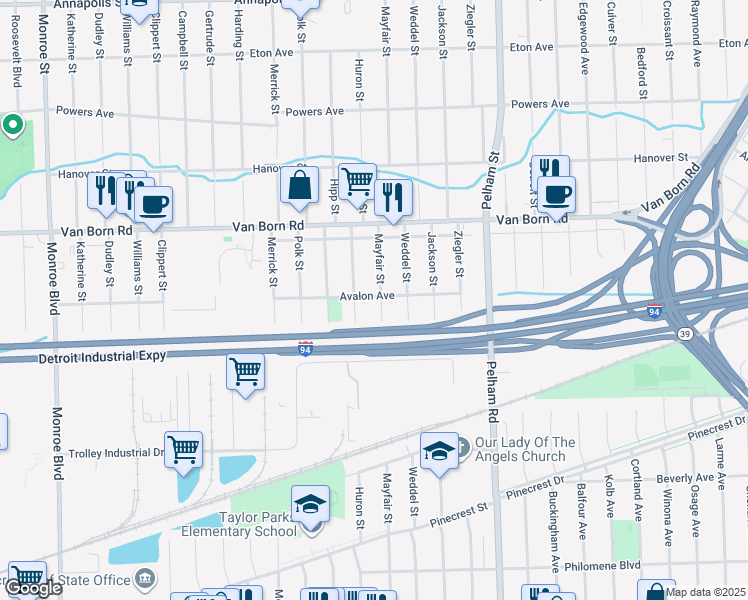 map of restaurants, bars, coffee shops, grocery stores, and more near 6036 Mayfair Street in Taylor