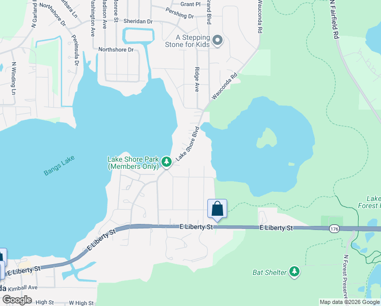 map of restaurants, bars, coffee shops, grocery stores, and more near 518 Lake Shore Boulevard in Wauconda
