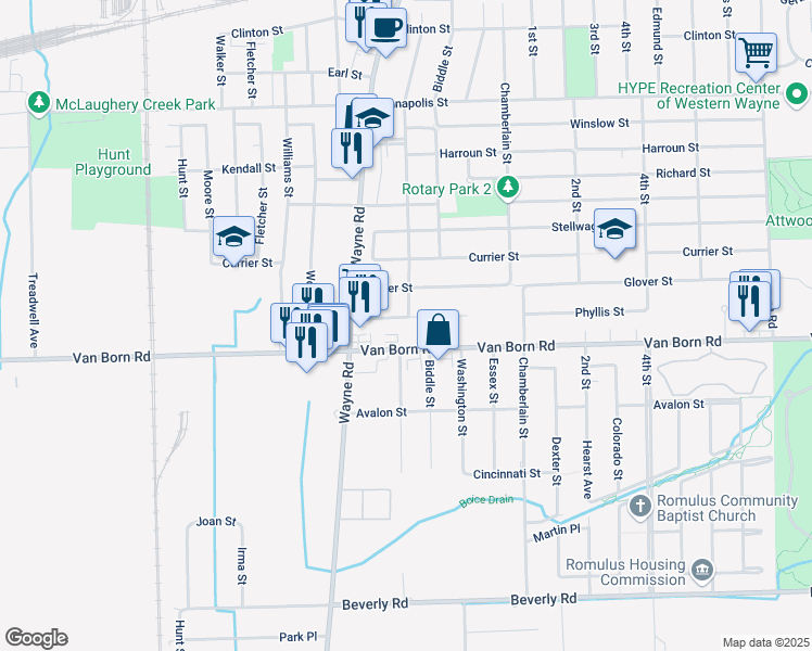 map of restaurants, bars, coffee shops, grocery stores, and more near 35403 Phyllis St in Wayne