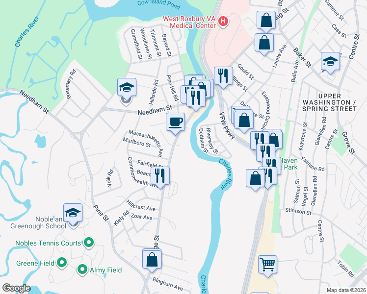 map of restaurants, bars, coffee shops, grocery stores, and more near 122 Bridge Street in Dedham
