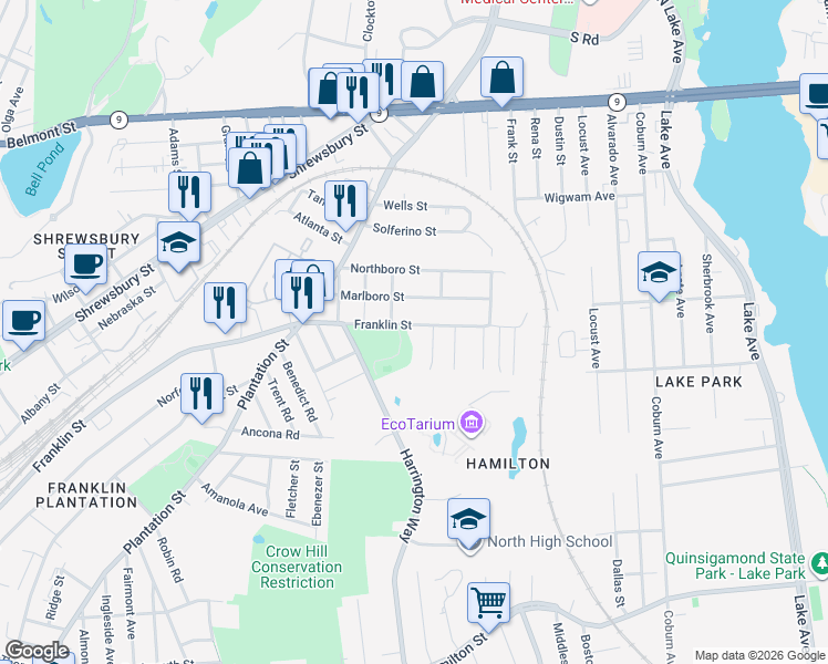 map of restaurants, bars, coffee shops, grocery stores, and more near 758 Franklin Street in Worcester
