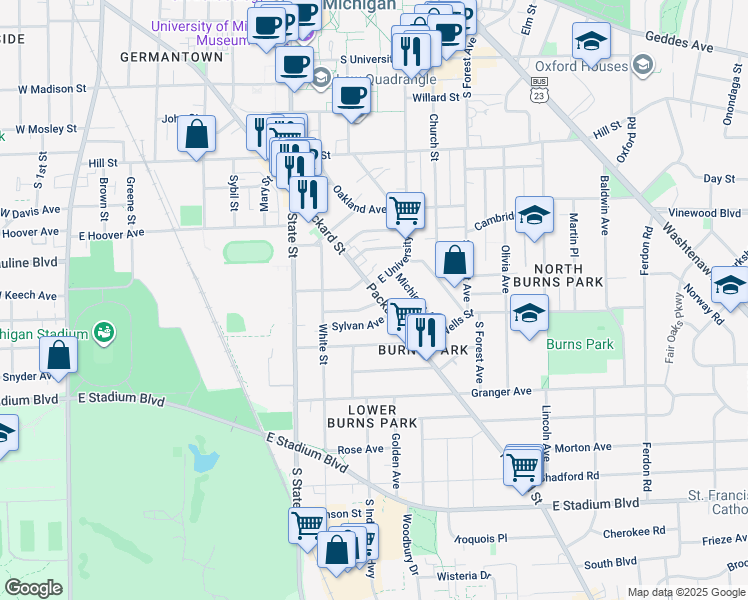 map of restaurants, bars, coffee shops, grocery stores, and more near 1006 Packard Street in Ann Arbor