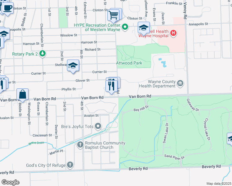 map of restaurants, bars, coffee shops, grocery stores, and more near 33920 Van Born Road in Wayne