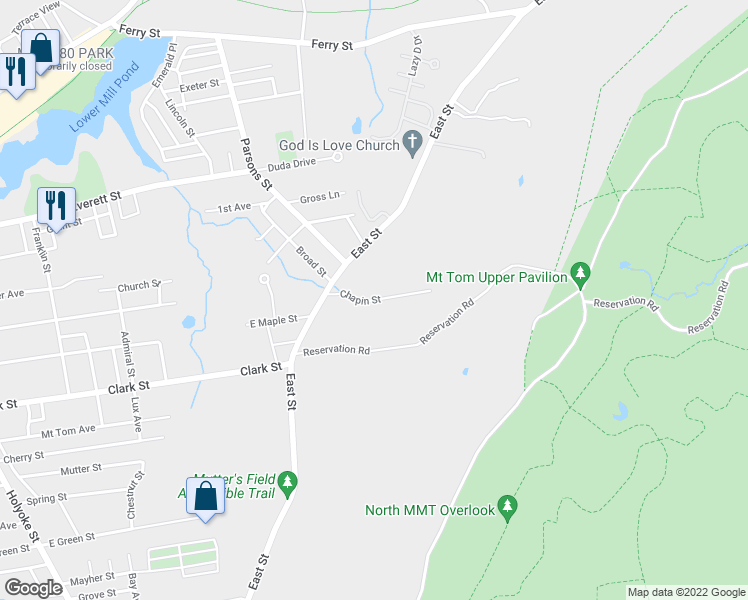 map of restaurants, bars, coffee shops, grocery stores, and more near 23 Chapin Street in Easthampton