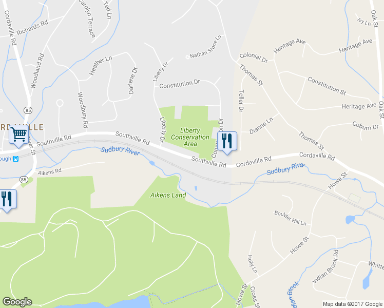 map of restaurants, bars, coffee shops, grocery stores, and more near 15 Southville Road in Southborough