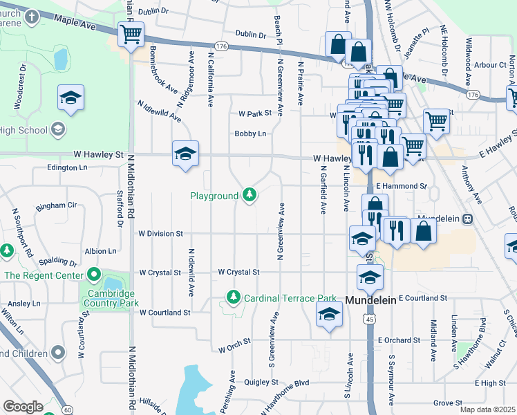 map of restaurants, bars, coffee shops, grocery stores, and more near 251 North Pershing Avenue in Mundelein