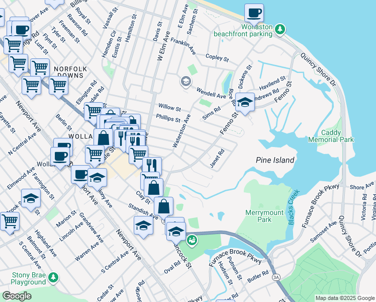 map of restaurants, bars, coffee shops, grocery stores, and more near 15 Florence Street in Quincy