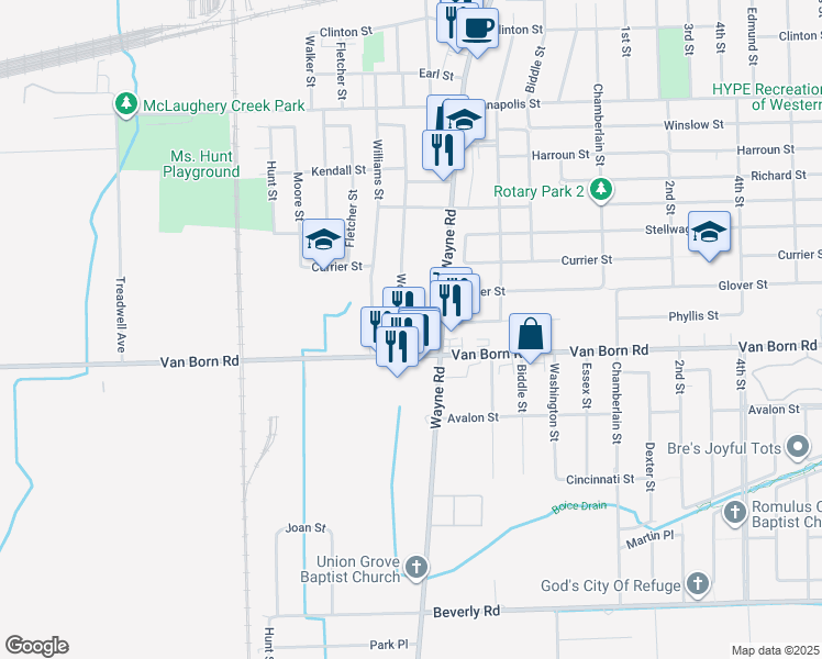 map of restaurants, bars, coffee shops, grocery stores, and more near 5750 South Wayne Road in Wayne