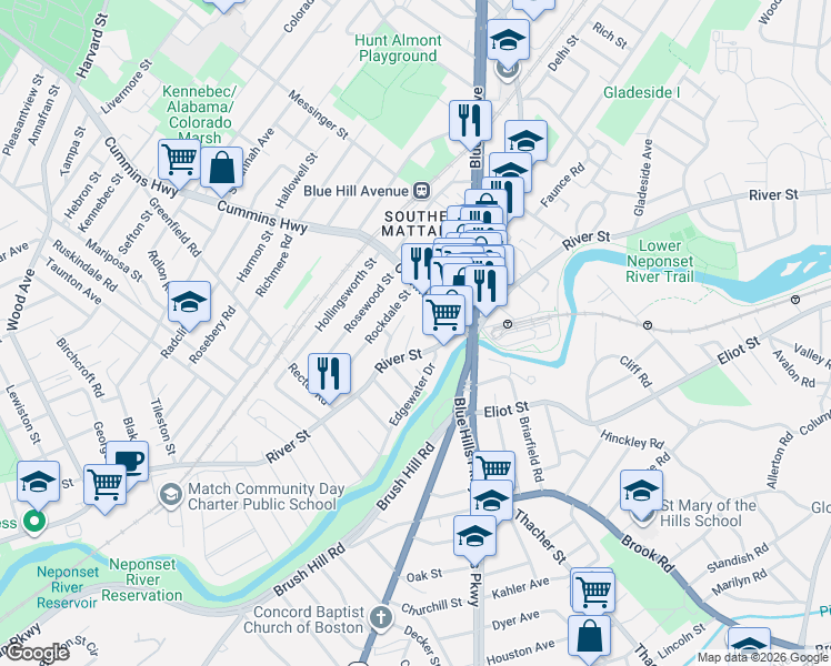 map of restaurants, bars, coffee shops, grocery stores, and more near 535-559 River Street in Boston
