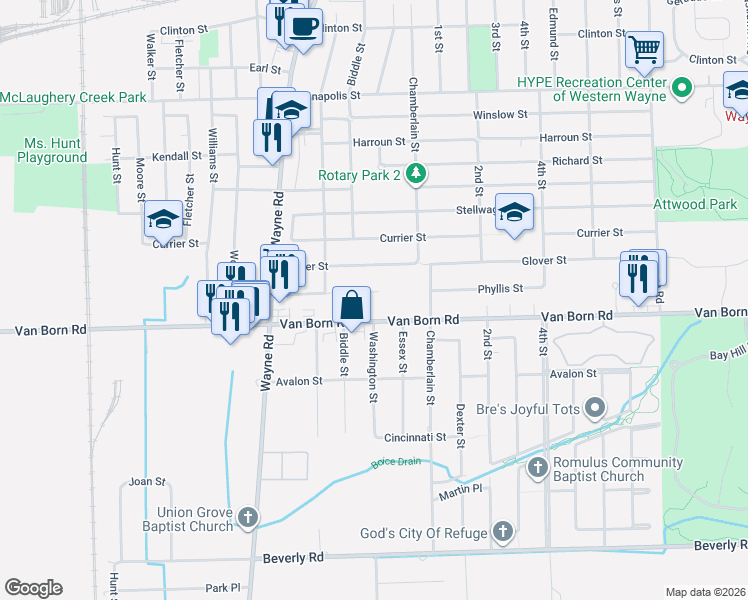 map of restaurants, bars, coffee shops, grocery stores, and more near 35330 Van Born Road in Wayne