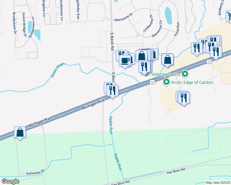 map of restaurants, bars, coffee shops, grocery stores, and more near 47250 Michigan Avenue in Canton