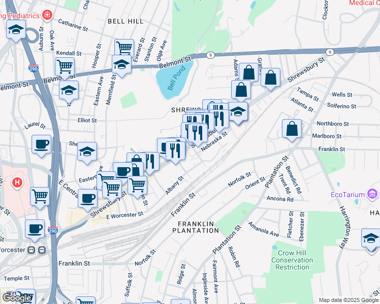 map of restaurants, bars, coffee shops, grocery stores, and more near 4 Camassa Terrace in Worcester