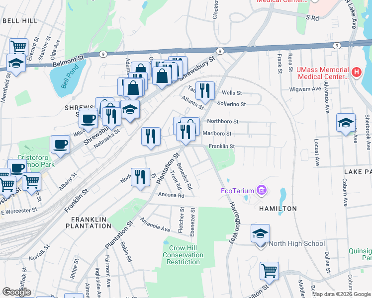 map of restaurants, bars, coffee shops, grocery stores, and more near 272 Plantation Street in Worcester