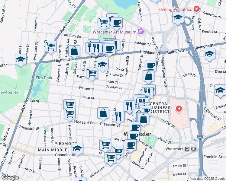 map of restaurants, bars, coffee shops, grocery stores, and more near 24 William Street in Worcester