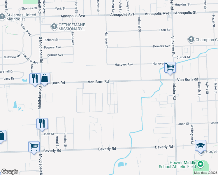 map of restaurants, bars, coffee shops, grocery stores, and more near 5800-5898 Turbo Street in Romulus