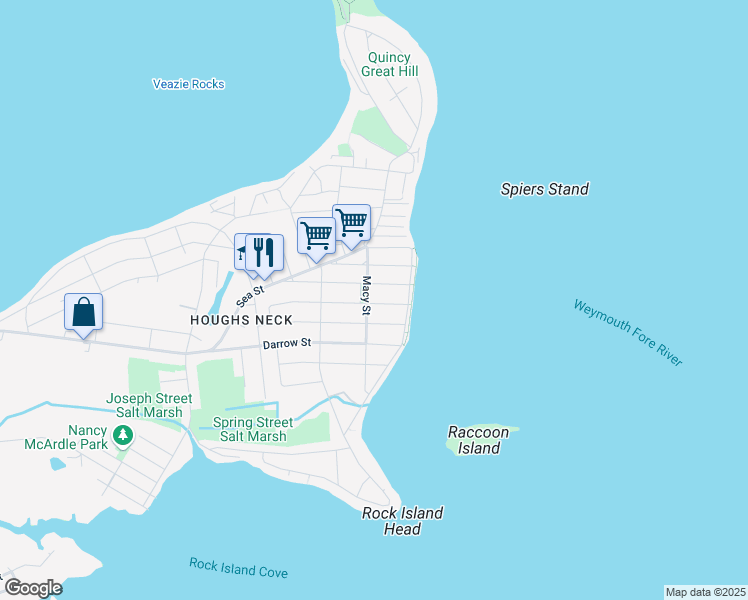 map of restaurants, bars, coffee shops, grocery stores, and more near 121 Charles Street in Quincy