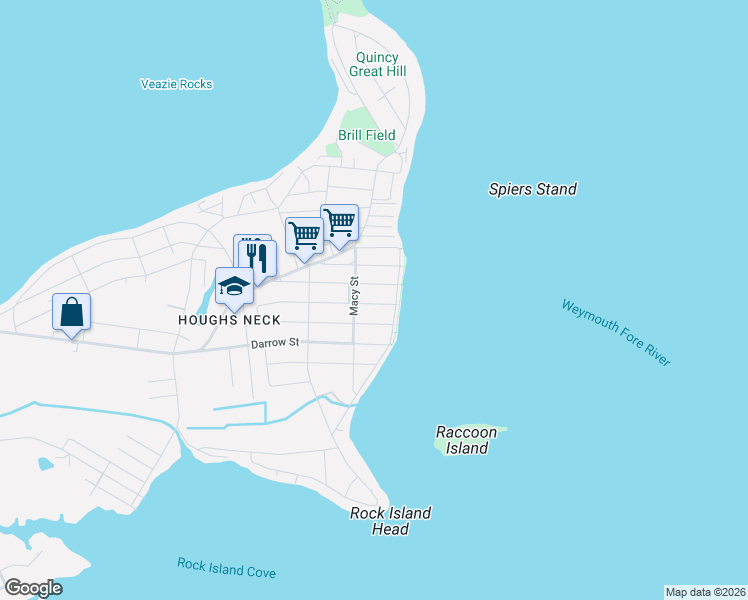 map of restaurants, bars, coffee shops, grocery stores, and more near 121 Charles Street in Quincy