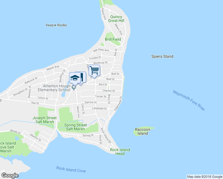 map of restaurants, bars, coffee shops, grocery stores, and more near 125 Charles Street in Quincy