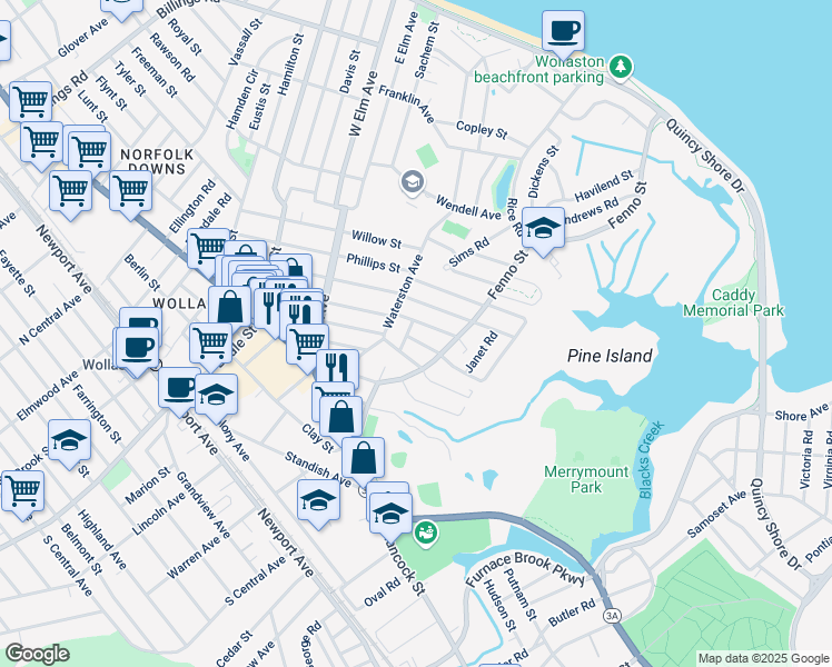 map of restaurants, bars, coffee shops, grocery stores, and more near 15 Florence Street in Quincy