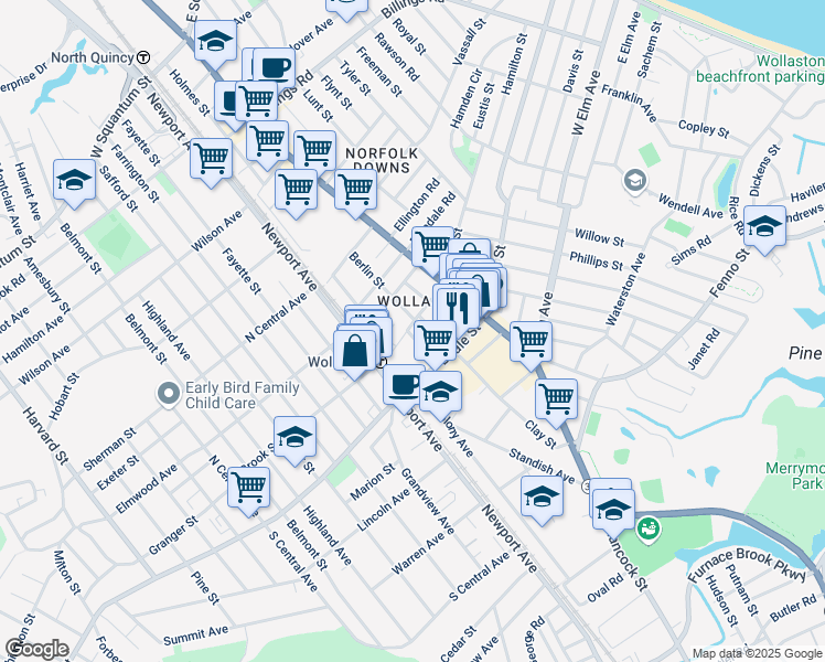 map of restaurants, bars, coffee shops, grocery stores, and more near 63-95A Beale Street in Quincy
