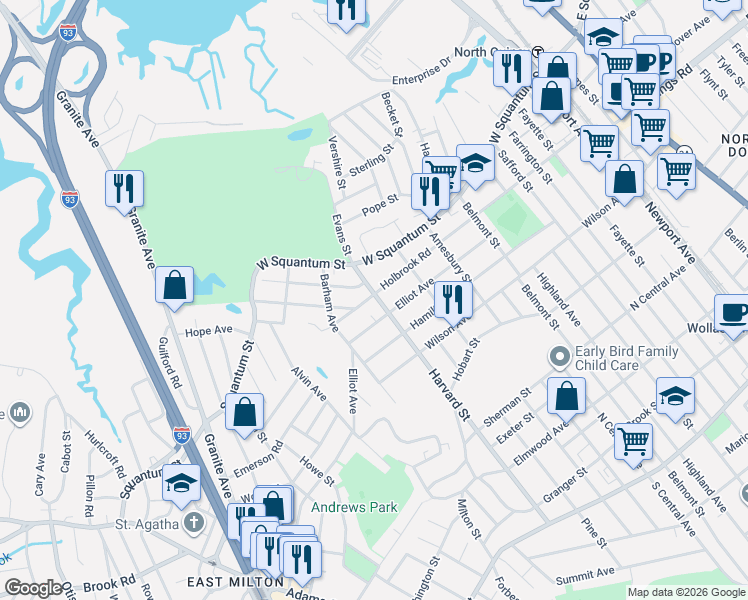 map of restaurants, bars, coffee shops, grocery stores, and more near 258 Holbrook Road in Quincy